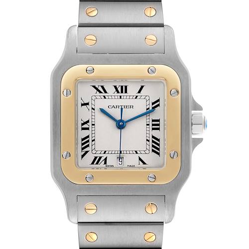 The Cartier Santos W20011C4 Men's Steel and Gold (two tone) Silver Dial W20011C4 Men's Steel and Gold (two tone) Silver Dial watch is shown from the front, displaying its square face, Roman numerals, and metal bracelet with gold screws.