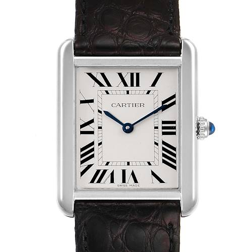 The image shows a Cartier Tank Solo W1018355 Men's Stainless Steel Silver Dial W1018355 Men's Stainless Steel Silver Dial watch from a front angle, highlighting its rectangular dial, Roman numerals, and leather strap.