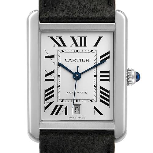 The image shows a frontal view of the Cartier Tank Solo W5200027 Men's Stainless Steel Silver Dial W5200027 Men's Stainless Steel Silver Dial watch, highlighting its rectangular case, Roman numeral dial, and date display.