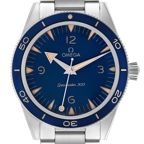 The Omega Seamaster 234.30.41.21.03.001 Men's Stainless Steel Blue Dial 234.30.41.21.03.001 Men's Stainless Steel Blue Dial watch is shown from the front, displaying the dial, hands, crown, and bezel.