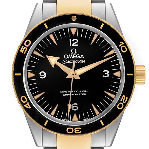 This image shows a front view of an Omega Seamaster 233.20.41.21.01.001 Men's Steel and Gold (two tone) Black Dial 233.20.41.21.01.001 Men's Steel and Gold (two tone) Black Dial watch highlighting the dial, hands, bezel, and part of the strap.
