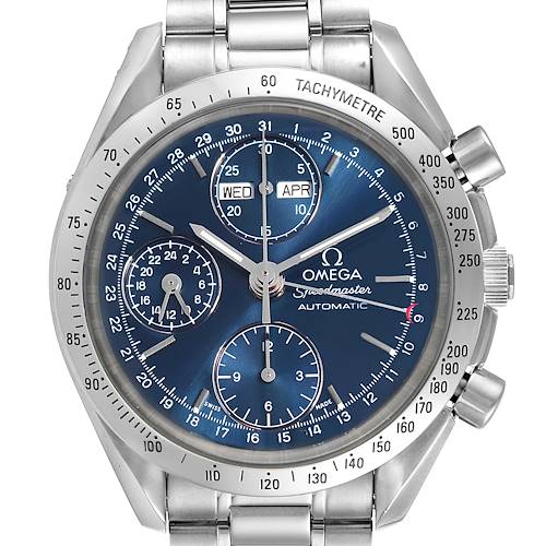 The image shows a frontal view of an Omega Speedmaster 3521.80.00 Men's Stainless Steel Blue Dial 3521.80.00 Men's Stainless Steel Blue Dial watch, displaying its dial, bezel, subdials, and metallic strap.