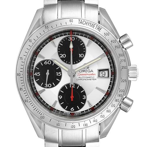 The Omega Speedmaster 3211.31.00 Men's Stainless Steel Silver Dial 3211.31.00 Men's Stainless Steel Silver Dial watch is shown from a front angle, highlighting the dial, sub-dials, and tachymeter bezel.