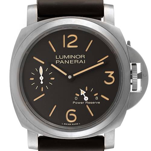 This image shows a front view of the Panerai Luminor PAM00797 Men's Titanium Brown Dial PAM00797 Men's Titanium Brown Dial watch, displaying its dial, hands, hour markers, and power reserve indicator.