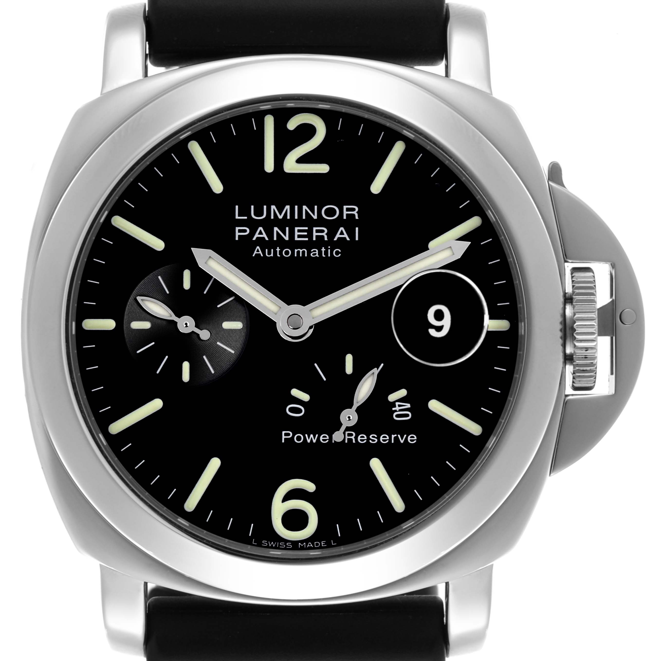 The Panerai Luminor PAM00090 Men's Stainless Steel Black Dial PAM00090 Men's Stainless Steel Black Dial watch is shown from a front angle, highlighting the dial, hands, crown guard, and power reserve indicator.