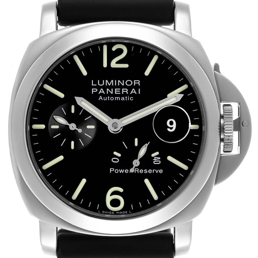 The Panerai Luminor PAM00090 Men's Stainless Steel Black Dial PAM00090 Men's Stainless Steel Black Dial watch is shown from a front angle, highlighting the dial, hands, crown guard, and power reserve indicator.