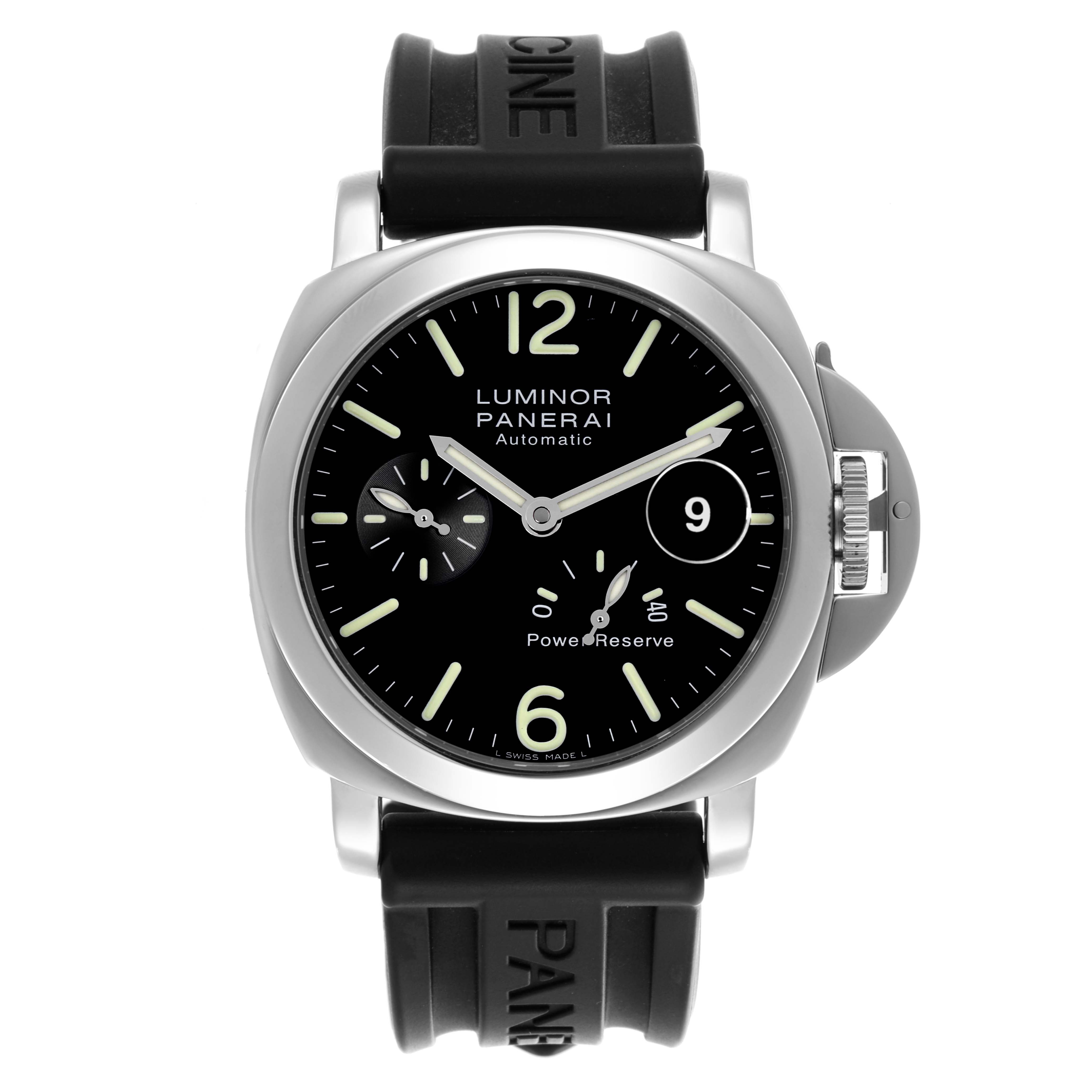 The Panerai Luminor PAM00090 Men's Stainless Steel Black Dial PAM00090 Men's Stainless Steel Black Dial model is shown from a front angle, displaying the watch face, strap, and crown guard.