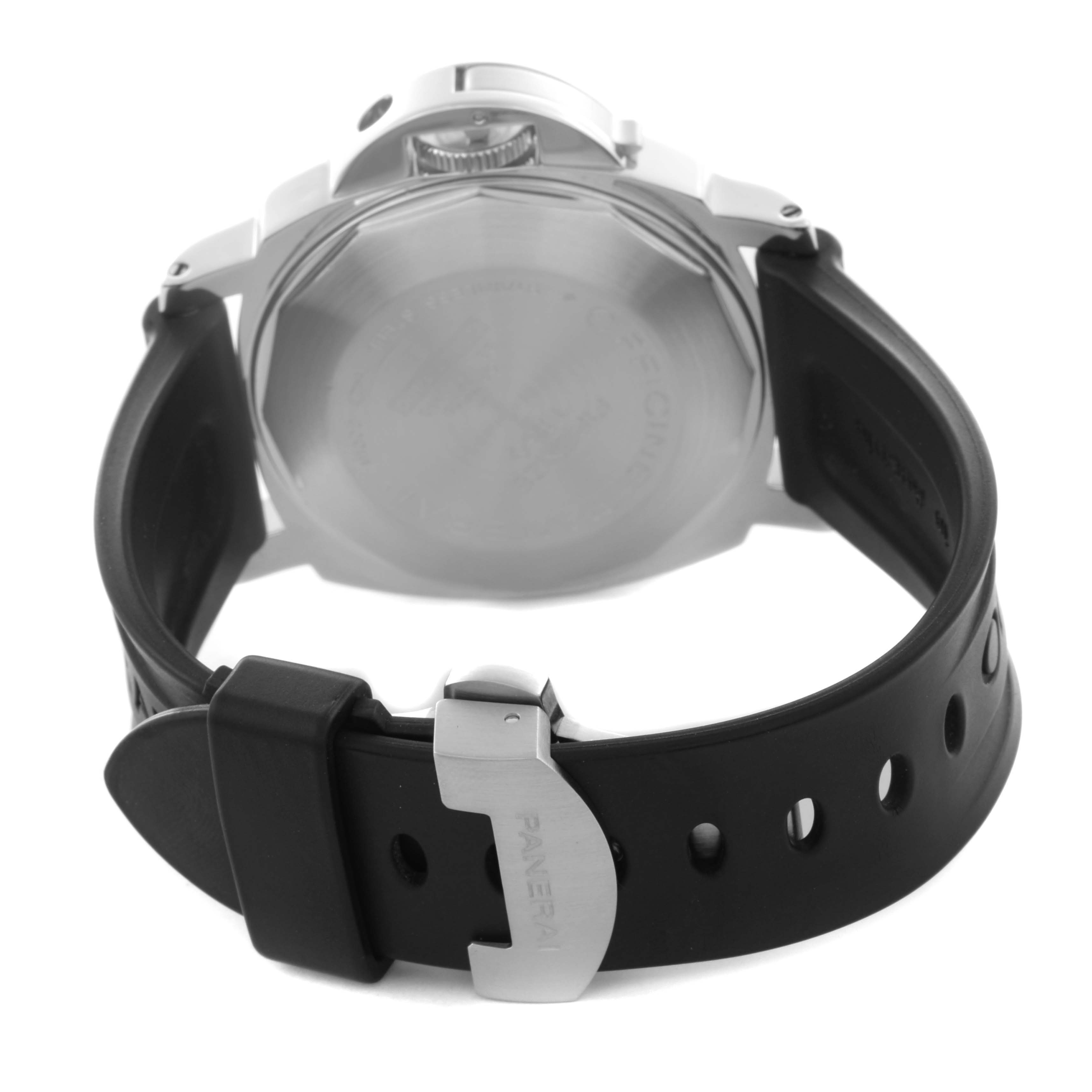The Panerai Luminor PAM00090 Men's Stainless Steel Black Dial PAM00090 Men's Stainless Steel Black Dial watch is shown from the back, highlighting the case back and black rubber strap with a branded buckle.
