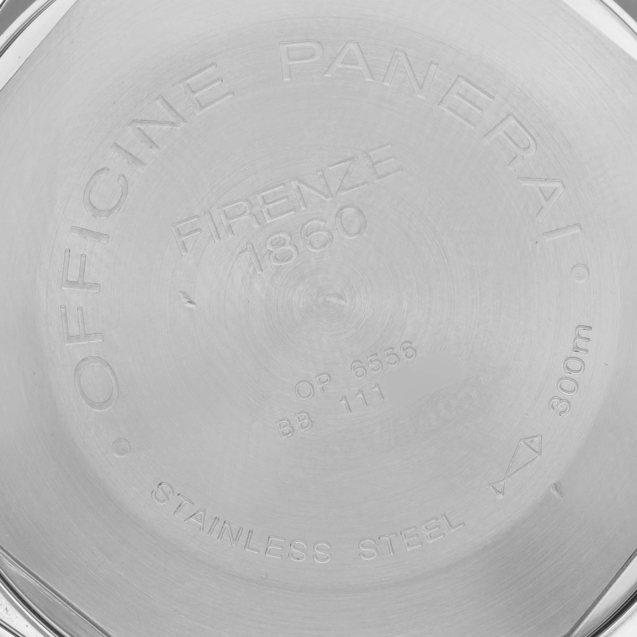 The image shows the back case of a Panerai Luminor PAM00090 Men's Stainless Steel Black Dial PAM00090 Men's Stainless Steel Black Dial watch, displaying engravings and specifications.