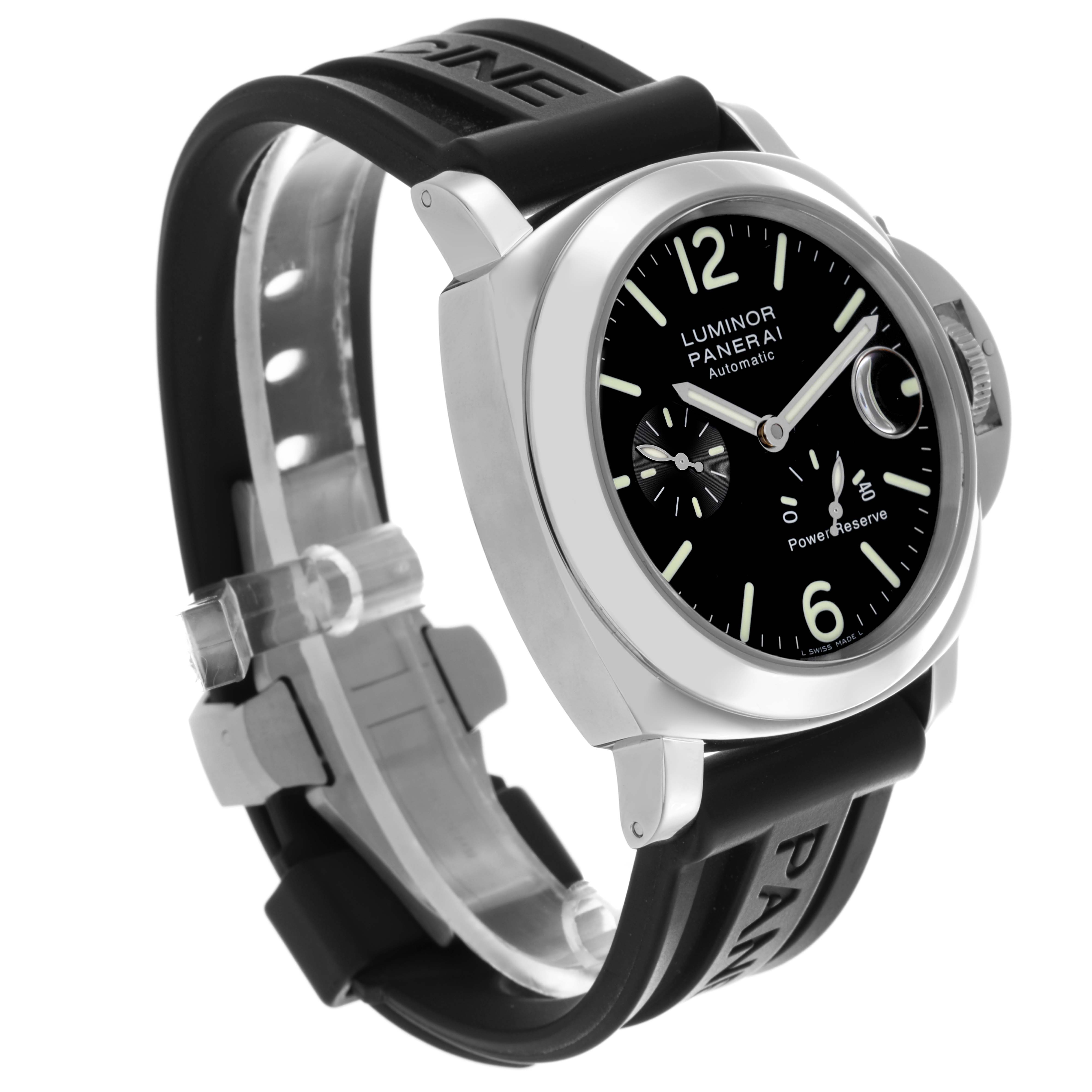The Panerai Luminor PAM00090 Men's Stainless Steel Black Dial PAM00090 Men's Stainless Steel Black Dial watch is shown at a three-quarter angle, displaying the face, crown, and rubber strap.