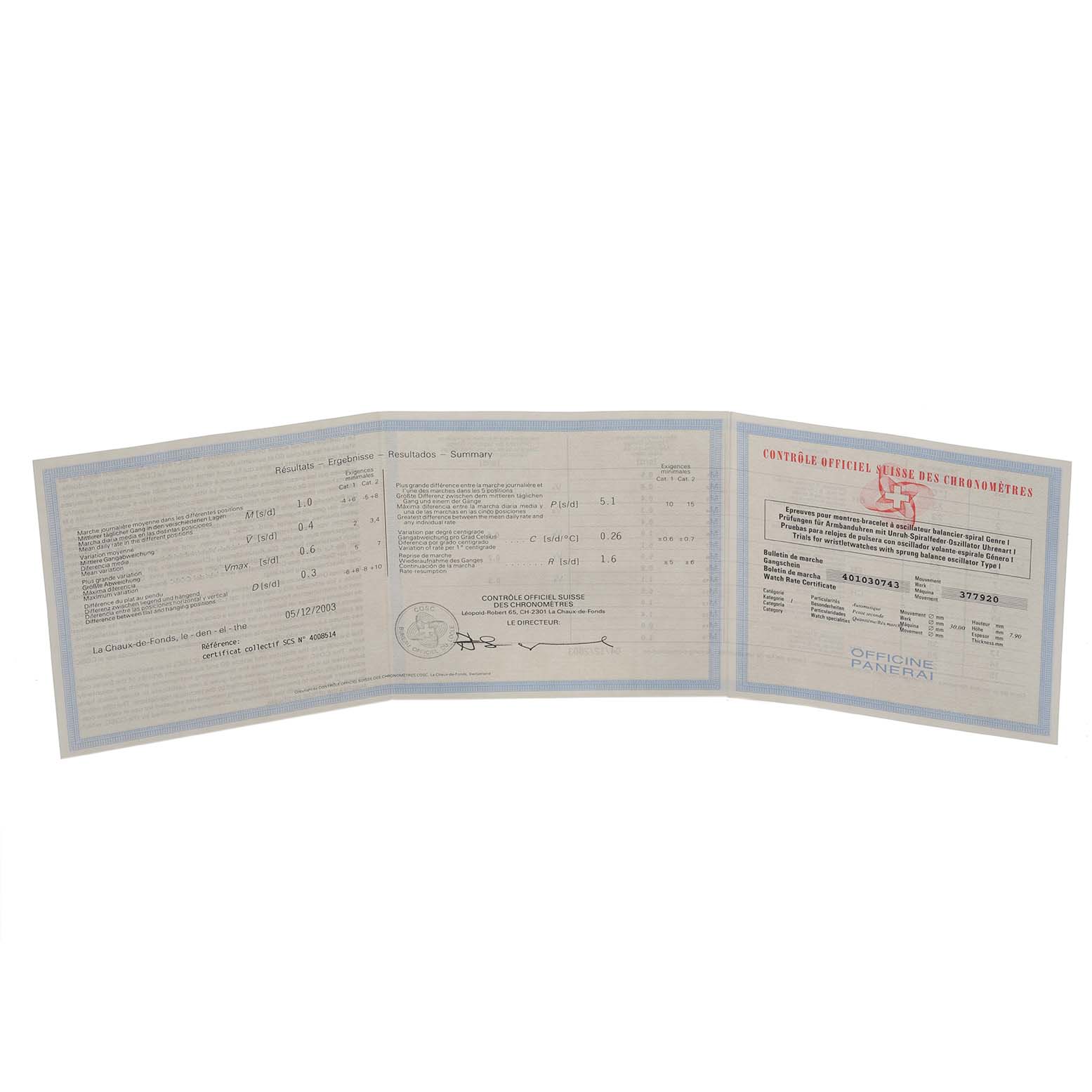 The image shows a certification document open flat, related to a Panerai Luminor PAM00090 Men's Stainless Steel Black Dial PAM00090 Men's Stainless Steel Black Dial model watch.