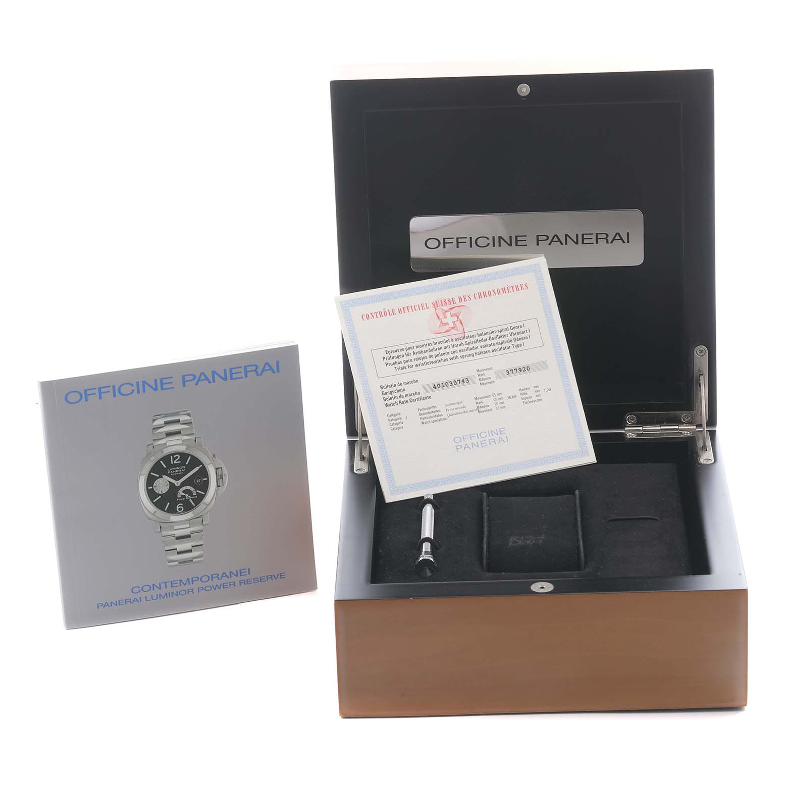 The image shows a Panerai Luminor PAM00090 Men's Stainless Steel Black Dial PAM00090 Men's Stainless Steel Black Dial watch box with certification papers, a manual, and a tool, from a straight-on angle.