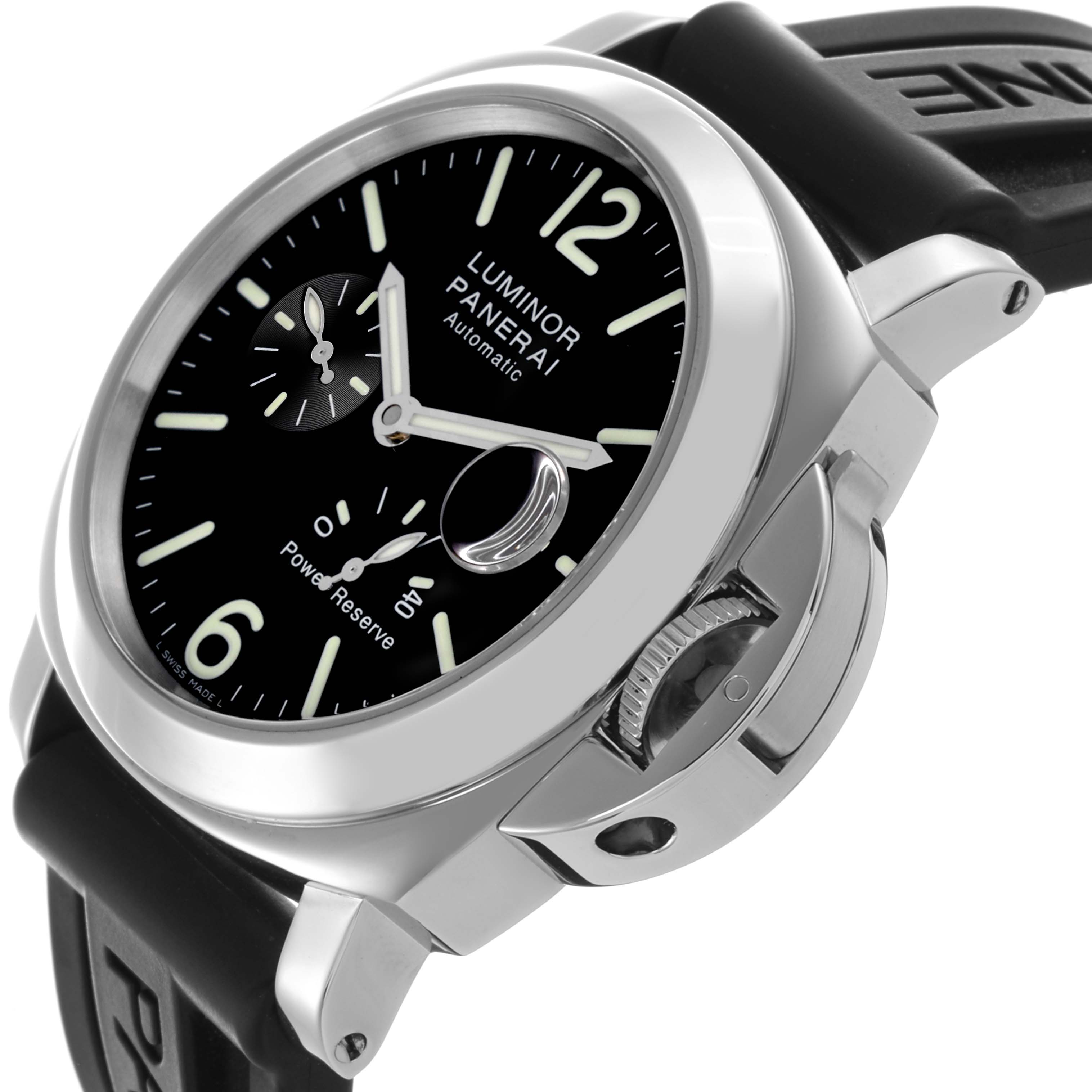 This Panerai Luminor PAM00090 Men's Stainless Steel Black Dial PAM00090 Men's Stainless Steel Black Dial watch is shown at an angled side view, highlighting the dial, crown, and strap attachment.