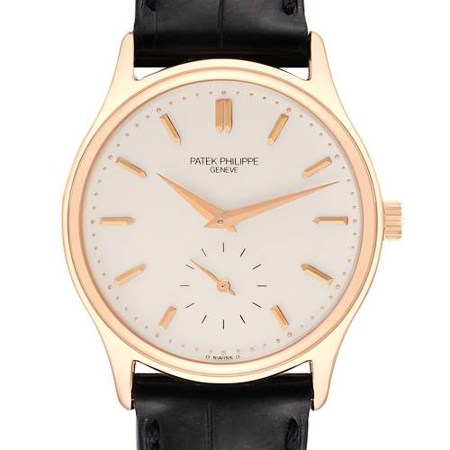The image shows a front view of the Patek Philippe Calatrava 3923R Men's Rose Gold Silver Dial 3923R Men's Rose Gold Silver Dial watch, highlighting its face, hands, dial, and leather strap.