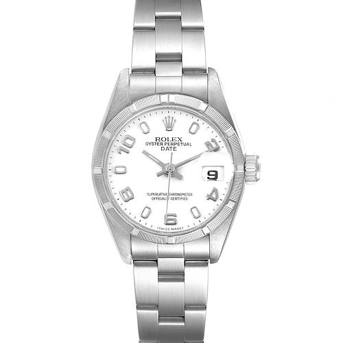 This image shows a front view of the Rolex Oyster Perpetual Date watch, displaying its face, bezel, and bracelet.