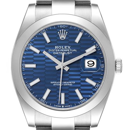 The image shows a front view of a Rolex Datejust 41 126300 Men's Stainless Steel Blue Dial 126300 Men's Stainless Steel Blue Dial, highlighting the blue dial, hands, indices, and date function.
