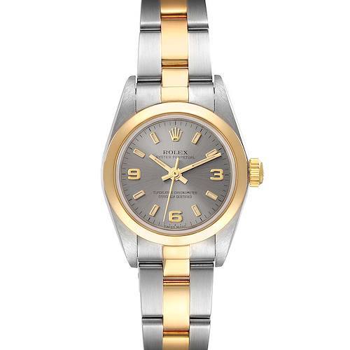 The image shows a front view of a Rolex Oyster Perpetual 76183 Women's Steel and Gold (two tone) Grey Dial 76183 Women's Steel and Gold (two tone) Grey Dial watch with a two-tone gold and silver bracelet.