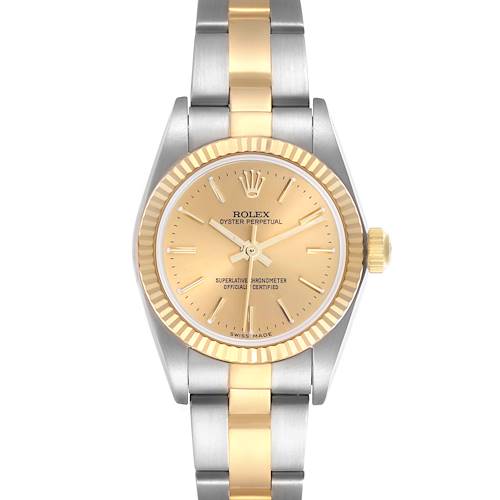 The Rolex Oyster Perpetual 76193 Women's Steel and Gold (two tone) Champagne Dial 76193 Women's Steel and Gold (two tone) Champagne Dial watch is shown from the front, displaying its face, bezel, and bracelet.