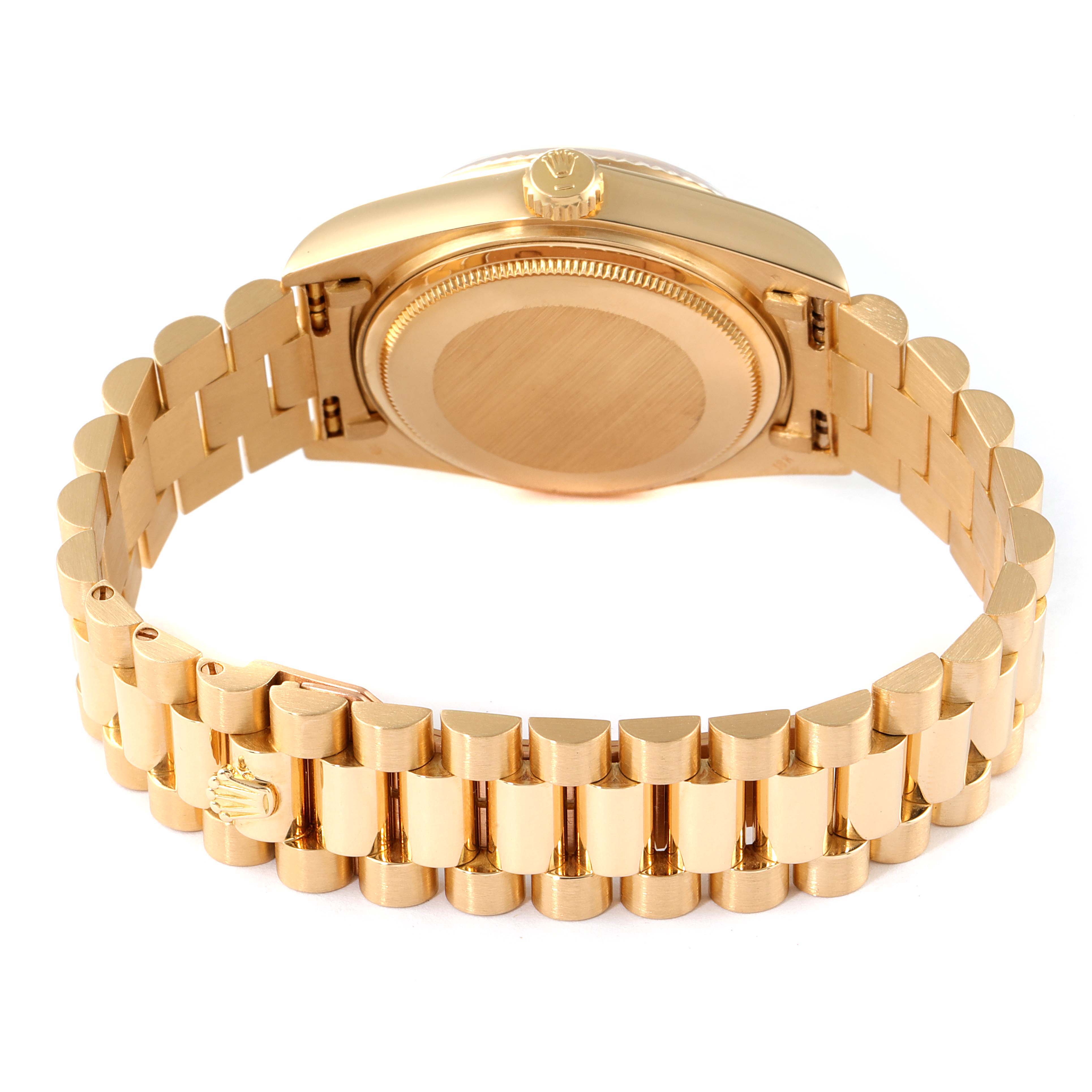 The image shows the back of the Rolex President 18038 Men's Yellow Gold Champagne Dial 18038 Men's Yellow Gold Champagne Dial model watch, including the case back and bracelet from a rear angle.