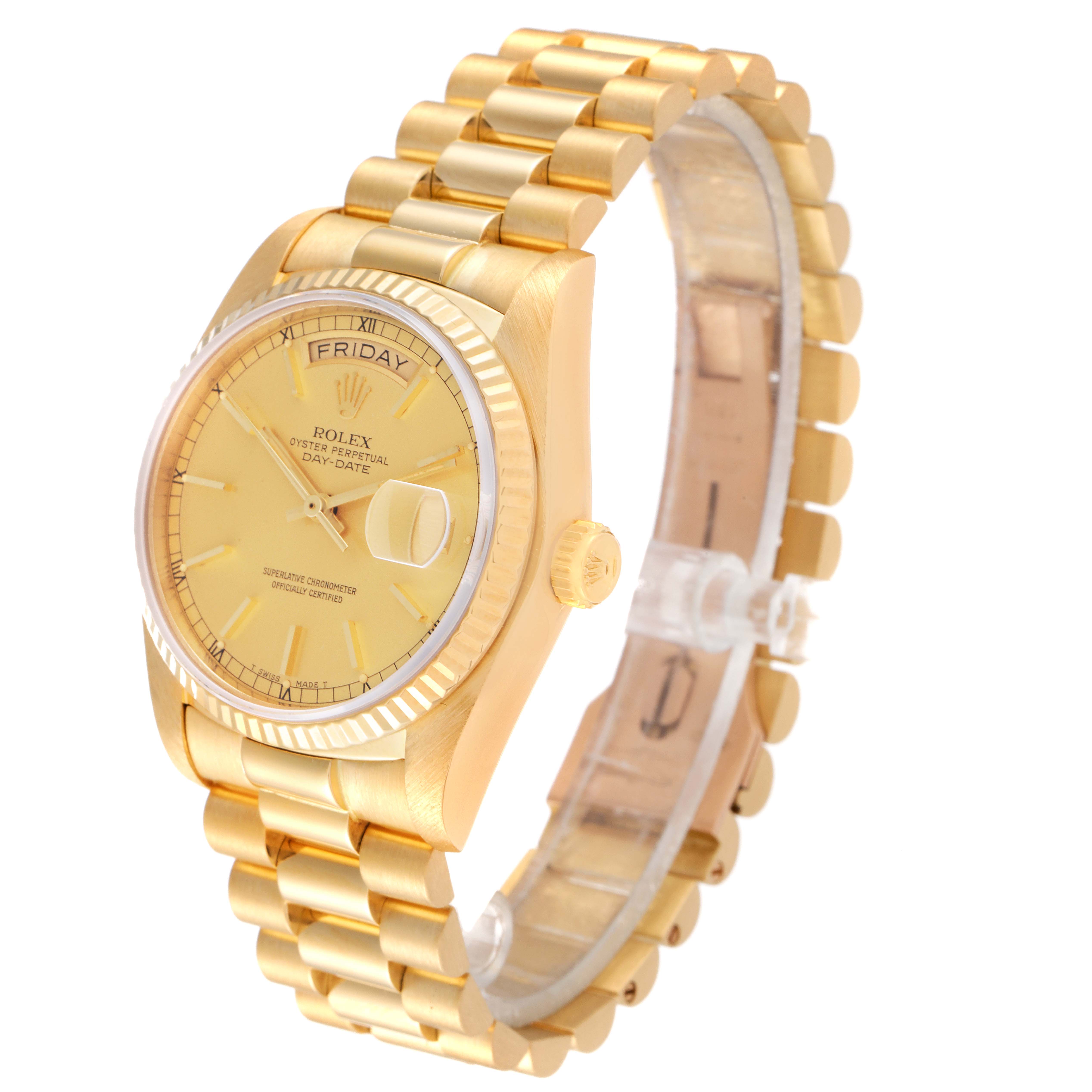 The Rolex President 18038 Men's Yellow Gold Champagne Dial 18038 Men's Yellow Gold Champagne Dial model is shown at a three-quarter angle featuring the dial, crown, and bracelet.