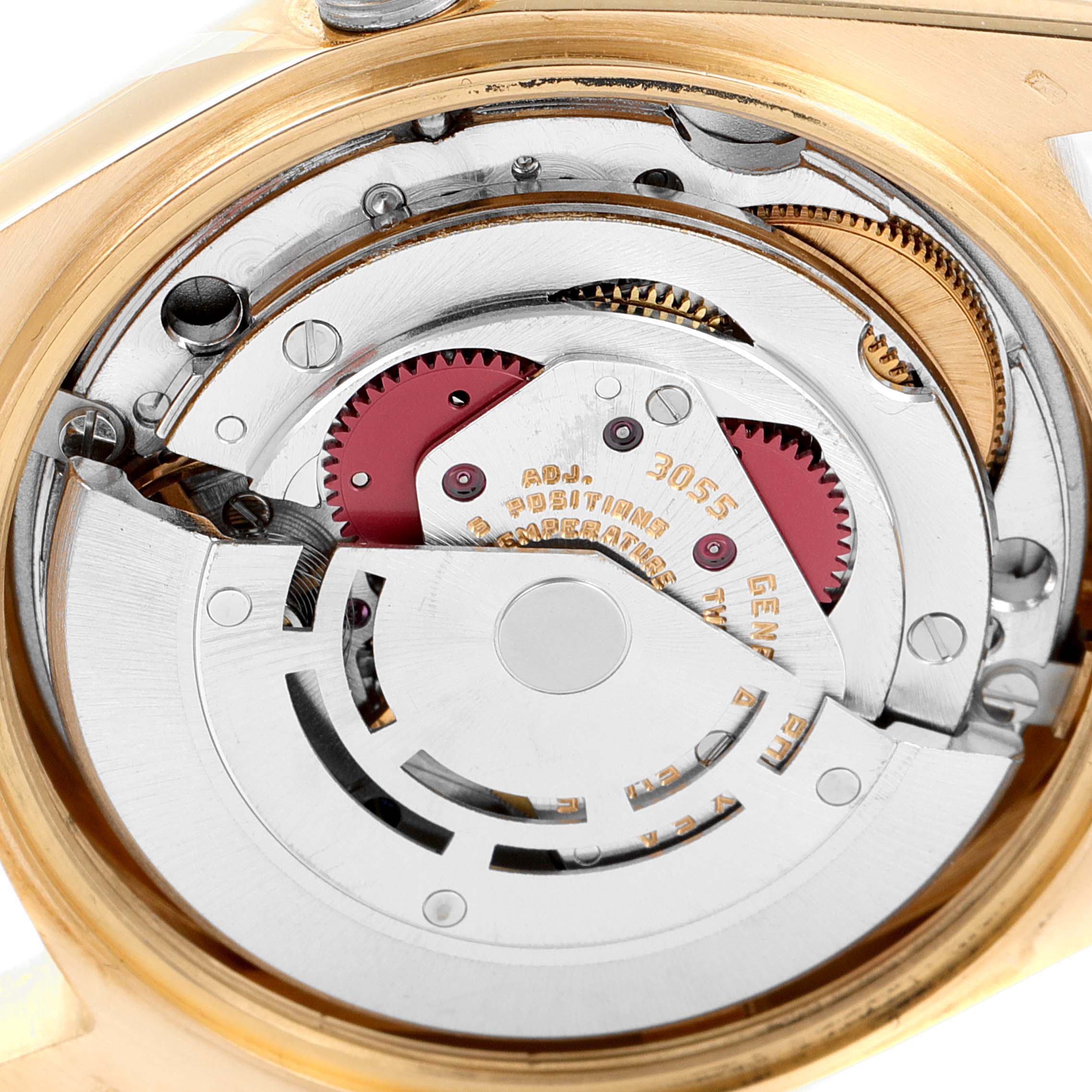 This image shows a close-up of the movement mechanism of a Rolex President 18038 Men's Yellow Gold Champagne Dial 18038 Men's Yellow Gold Champagne Dial model watch.