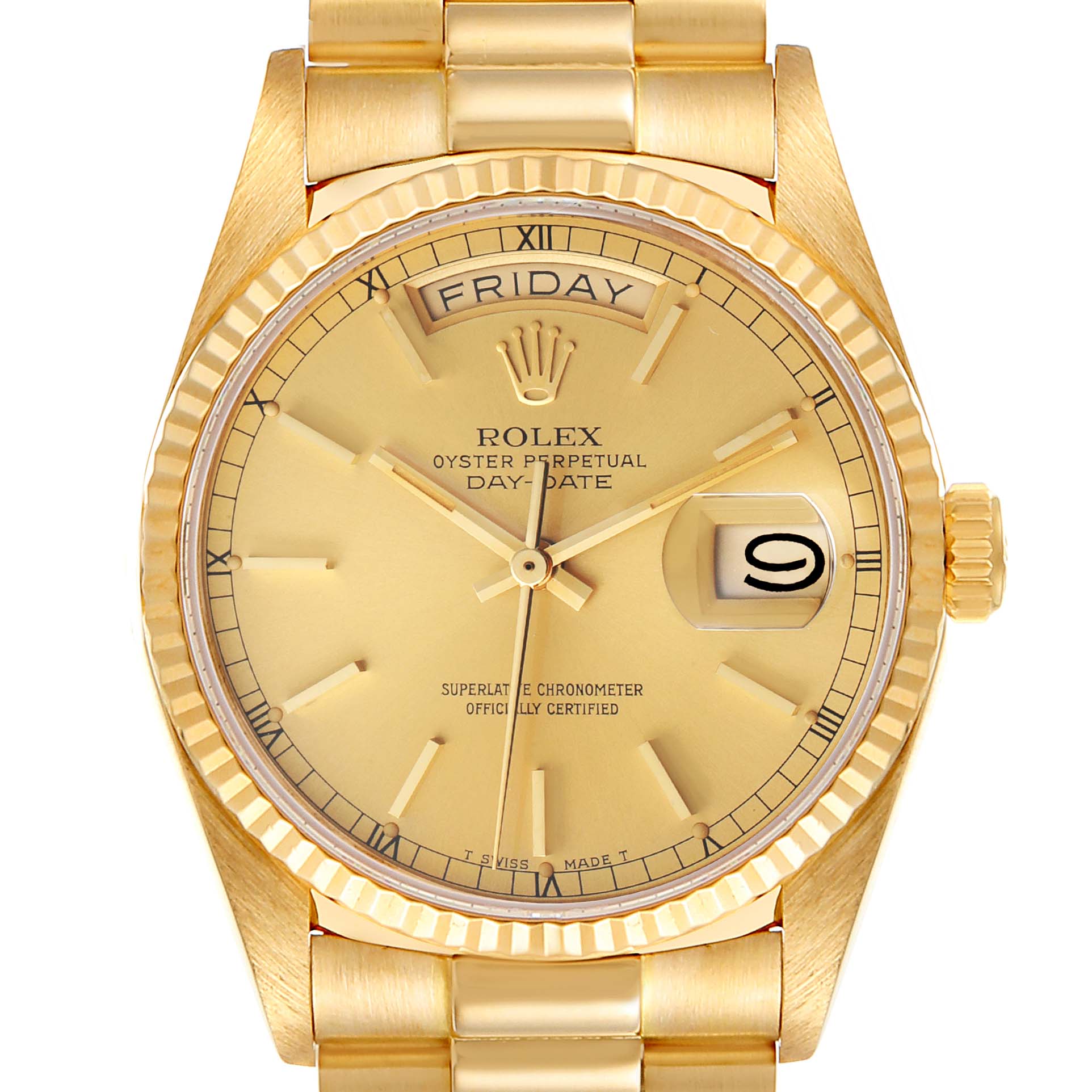 The image shows a front view of the Rolex President 18038 Men's Yellow Gold Champagne Dial 18038 Men's Yellow Gold Champagne Dial model watch, featuring the face, bezel, and part of the bracelet.