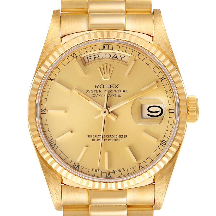 The image shows a front view of the Rolex President 18038 Men's Yellow Gold Champagne Dial 18038 Men's Yellow Gold Champagne Dial model watch, featuring the face, bezel, and part of the bracelet.