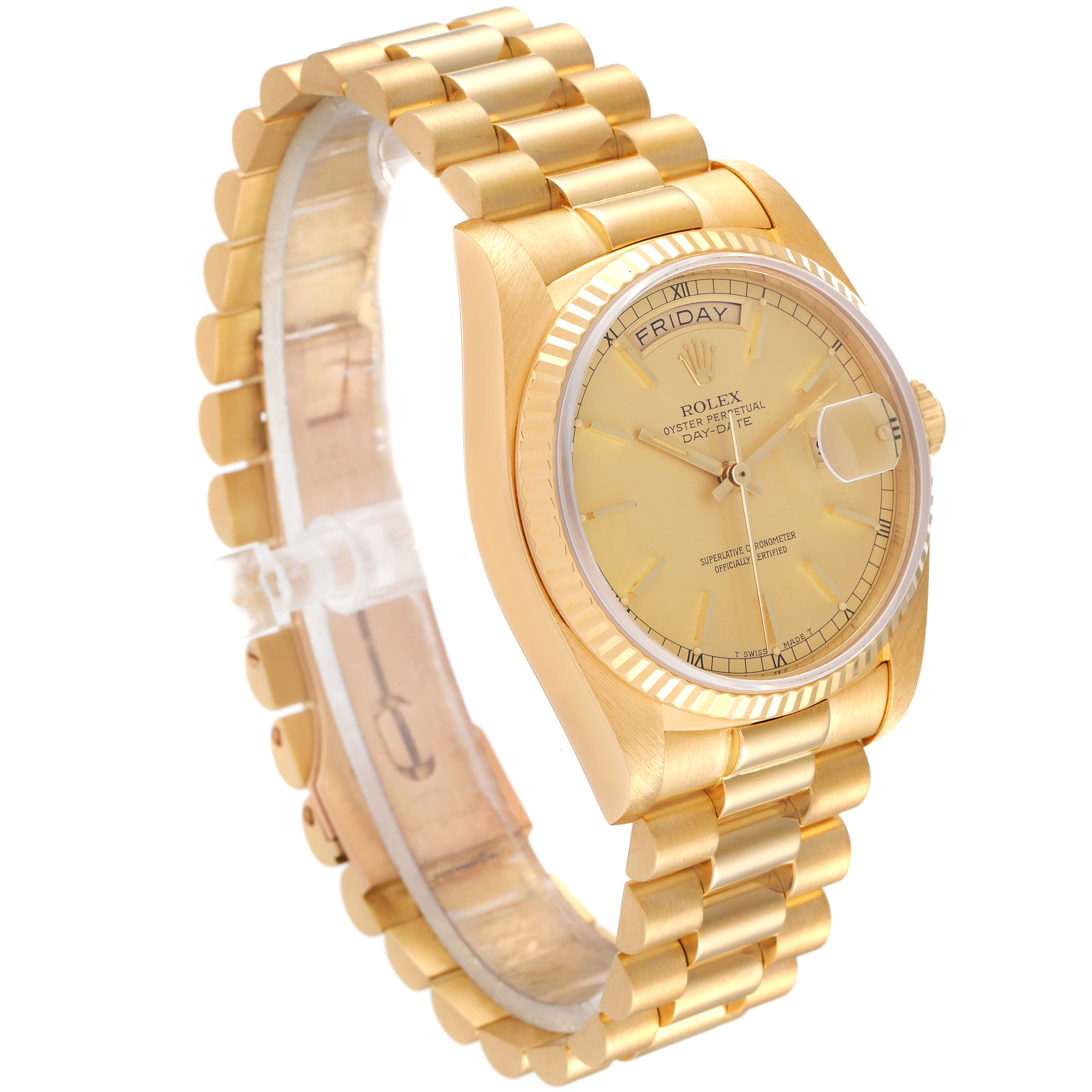 The image shows a side angle of a Rolex President 18038 Men's Yellow Gold Champagne Dial 18038 Men's Yellow Gold Champagne Dial model watch, highlighting its band, case, bezel, and dial.