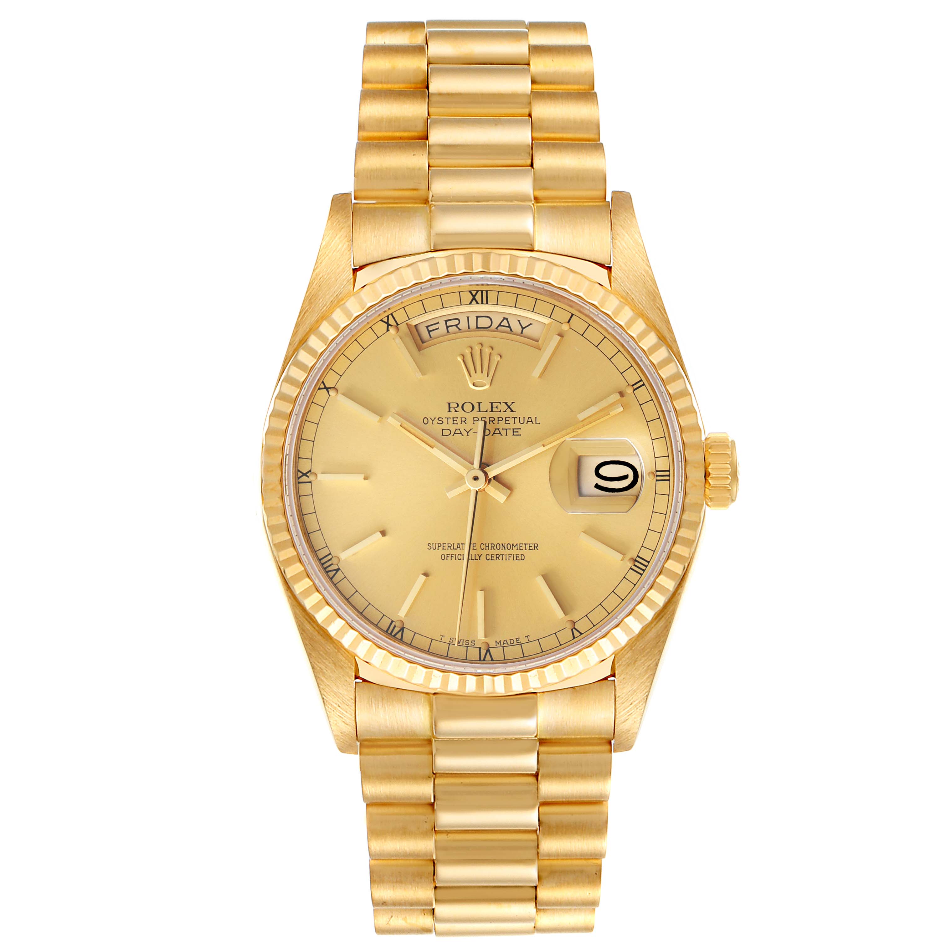 This image shows a front view of the Rolex President 18038 Men's Yellow Gold Champagne Dial 18038 Men's Yellow Gold Champagne Dial model, depicting the watch face, bracelet, and crown.