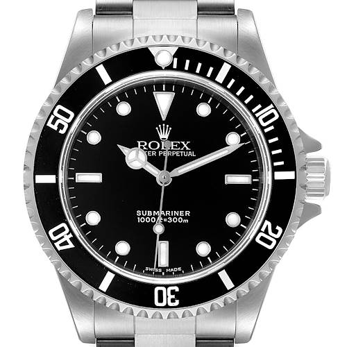 The image shows a frontal view of the Rolex Submariner 14060 Men's Stainless Steel Black Dial 14060 Men's Stainless Steel Black Dial watch, highlighting its black bezel and dial, along with the crown and part of the bracelet.