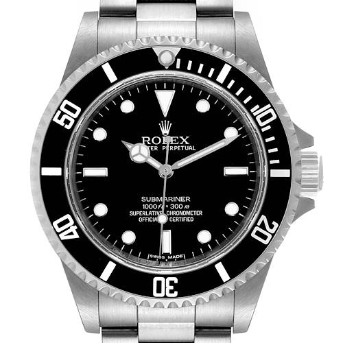 The image shows a front view of a Rolex Submariner 14060 Men's Stainless Steel Black Dial 14060 Men's Stainless Steel Black Dial watch displaying the dial, bezel, and bracelet.