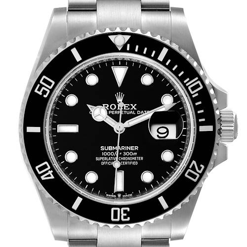 The image shows a close-up of the Rolex Submariner 126610 Men's Stainless Steel Black Dial 126610 Men's Stainless Steel Black Dial watch face, bezel, crown, and part of the bracelet.