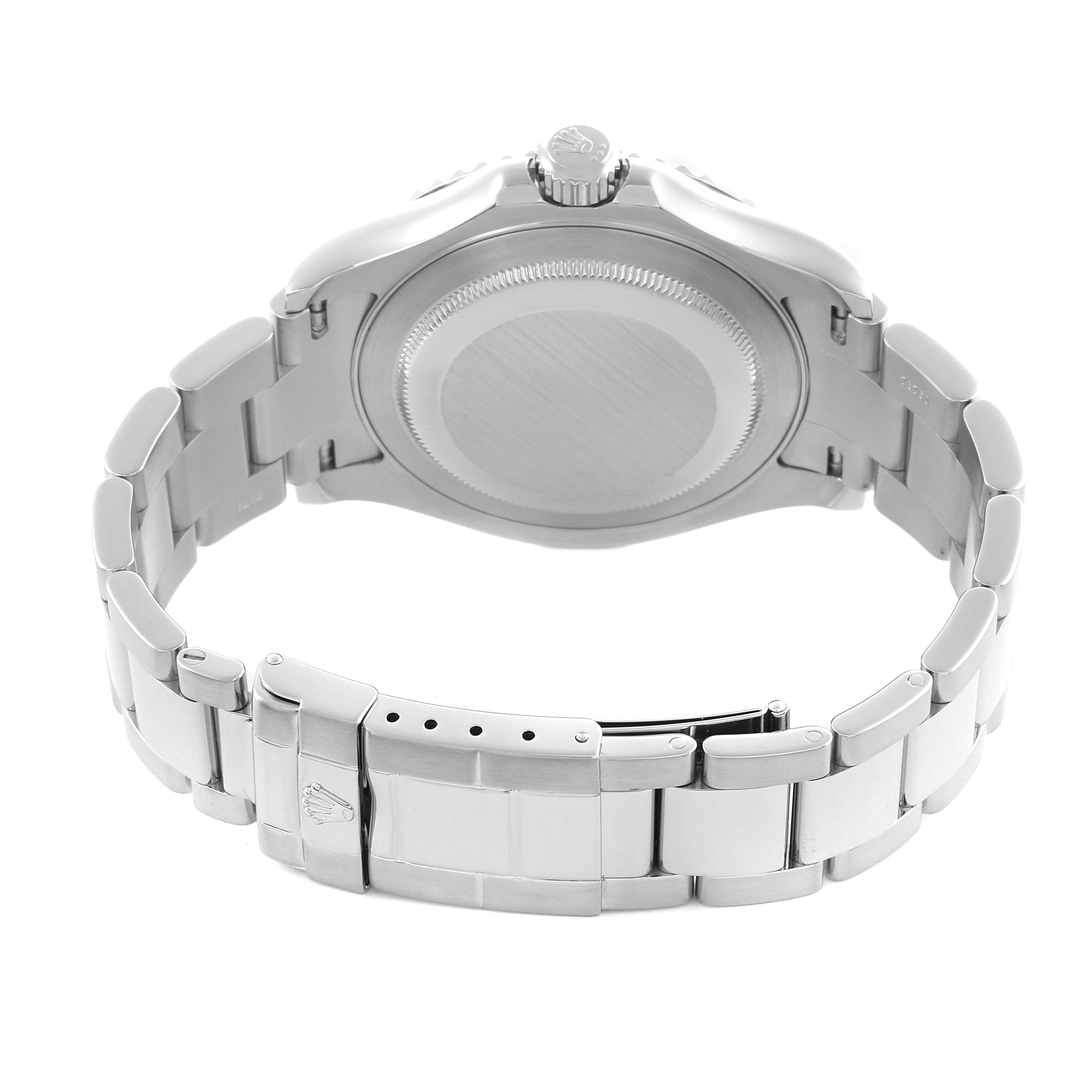 The image shows the Yacht-Master by Rolex from the back, highlighting the clasp, bracelet, and case back.