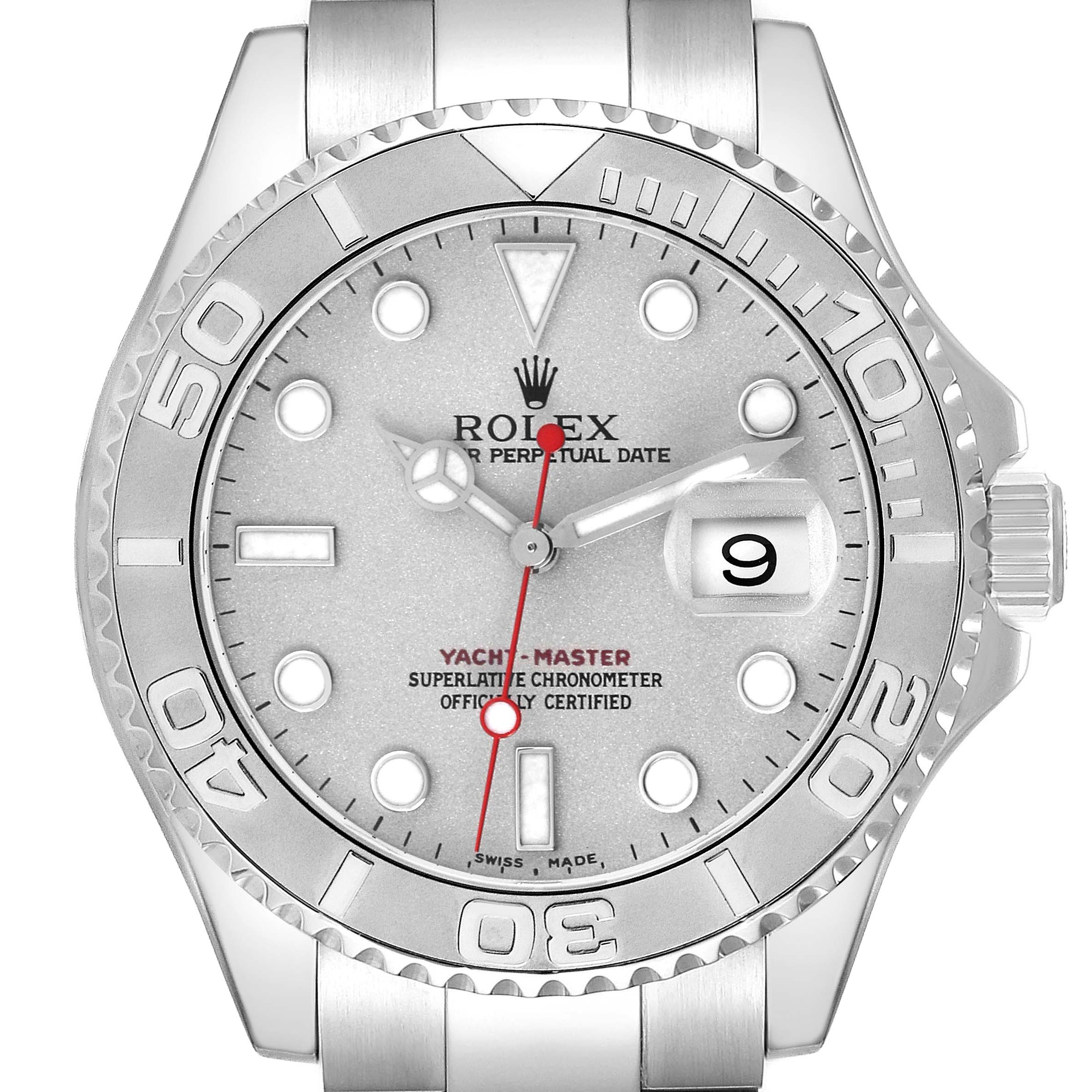 The Rolex Yacht-Master 16622 Men's Stainless Steel Silver Dial 16622 Men's Stainless Steel Silver Dial is shown from the front, displaying the dial, bezel, hands, and partially the bracelet.