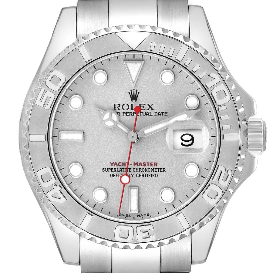 The Rolex Yacht-Master 16622 Men's Stainless Steel Silver Dial 16622 Men's Stainless Steel Silver Dial is shown from the front, displaying the dial, bezel, hands, and partially the bracelet.