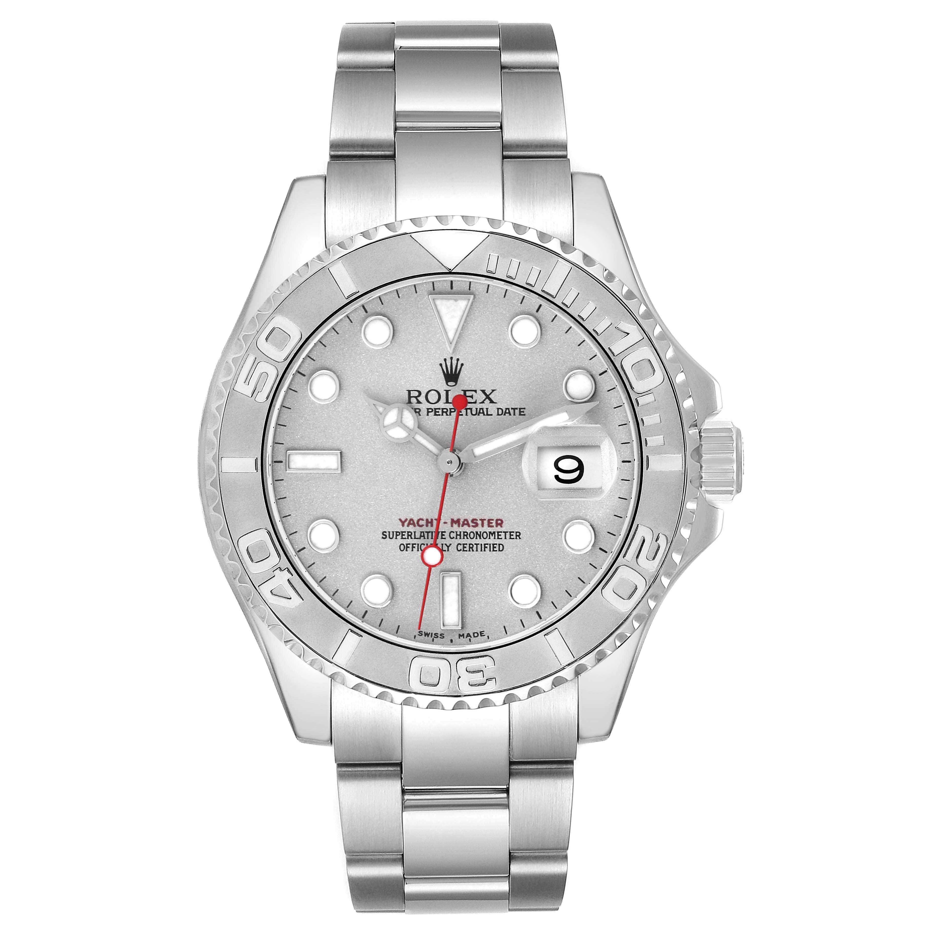 The Rolex Yacht-Master 16622 Men's Stainless Steel Silver Dial 16622 Men's Stainless Steel Silver Dial watch is shown from a front view, displaying the dial, bezel, crown, and bracelet.