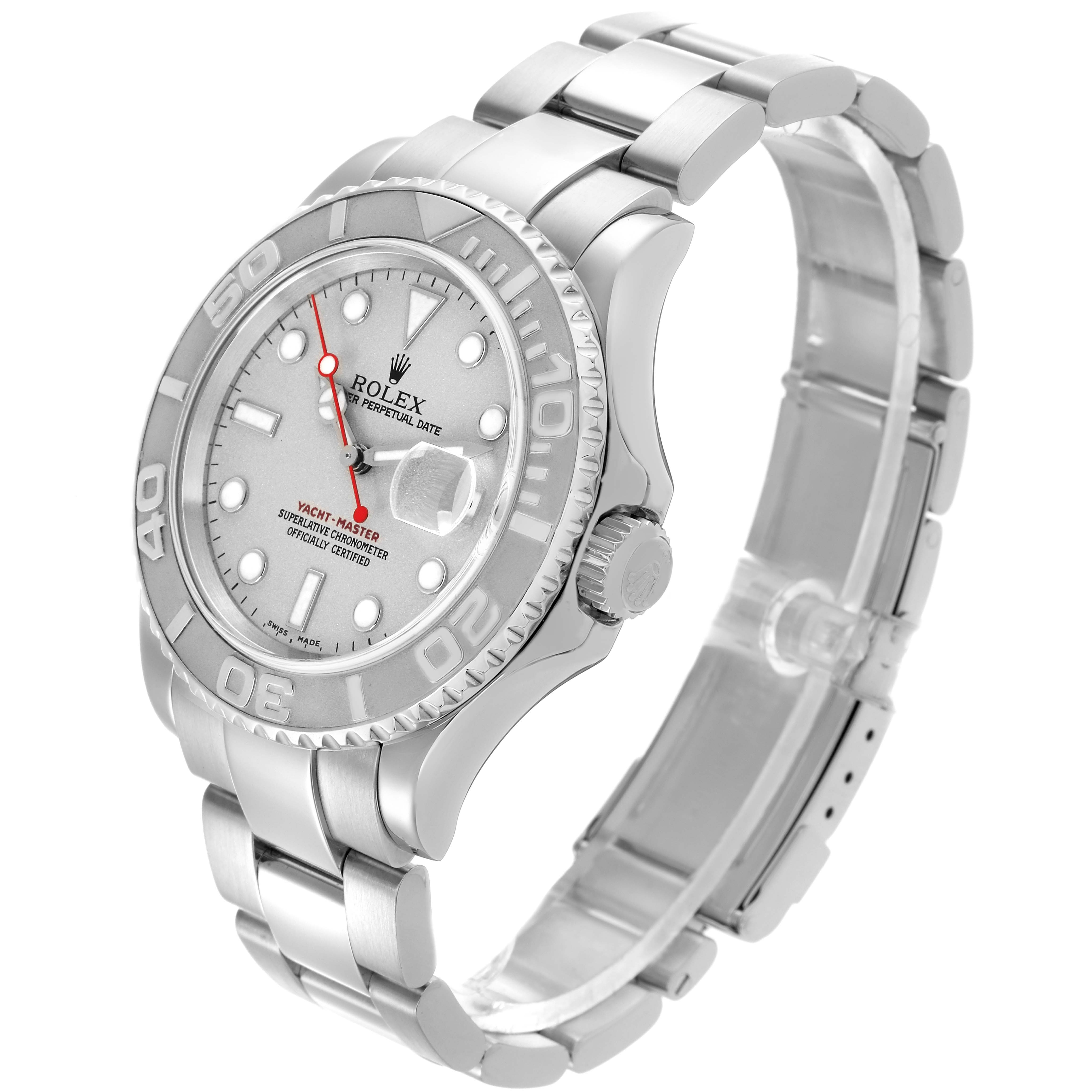 The image shows a Rolex Yacht-Master 16622 Men's Stainless Steel Silver Dial 16622 Men's Stainless Steel Silver Dial watch at a three-quarter angle, highlighting its face, bezel, crown, and bracelet.