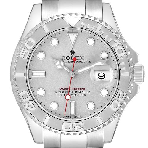 The Rolex Yacht-Master 16622 Men's Stainless Steel Silver Dial 16622 Men's Stainless Steel Silver Dial watch is shown from the front, highlighting the dial, bezel, and hour markers.