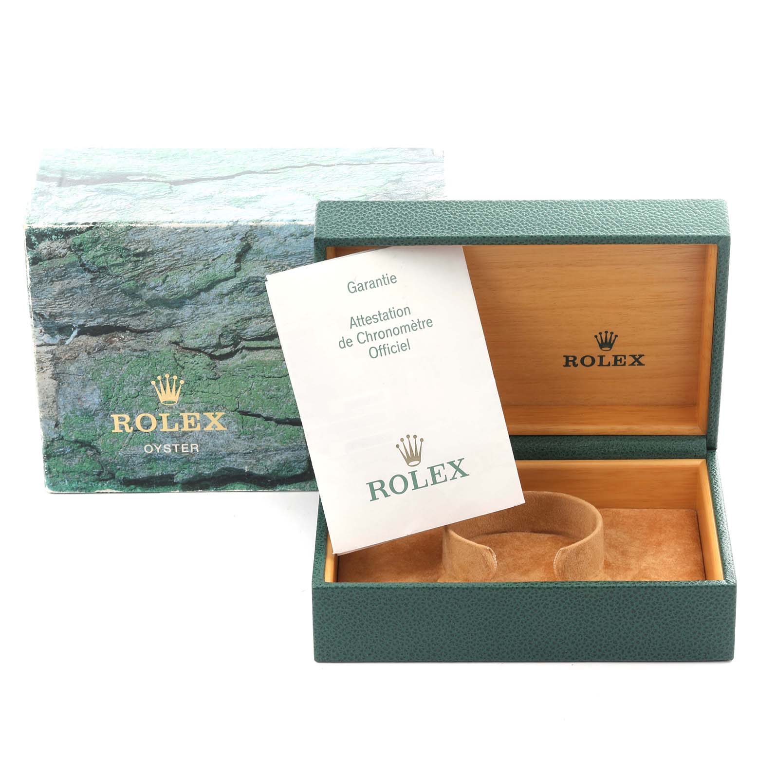 The Rolex Yacht-Master 16622 Men's Stainless Steel Silver Dial 16622 Men's Stainless Steel Silver Dial accessories show an open box and a warranty card, presented from a front angle.