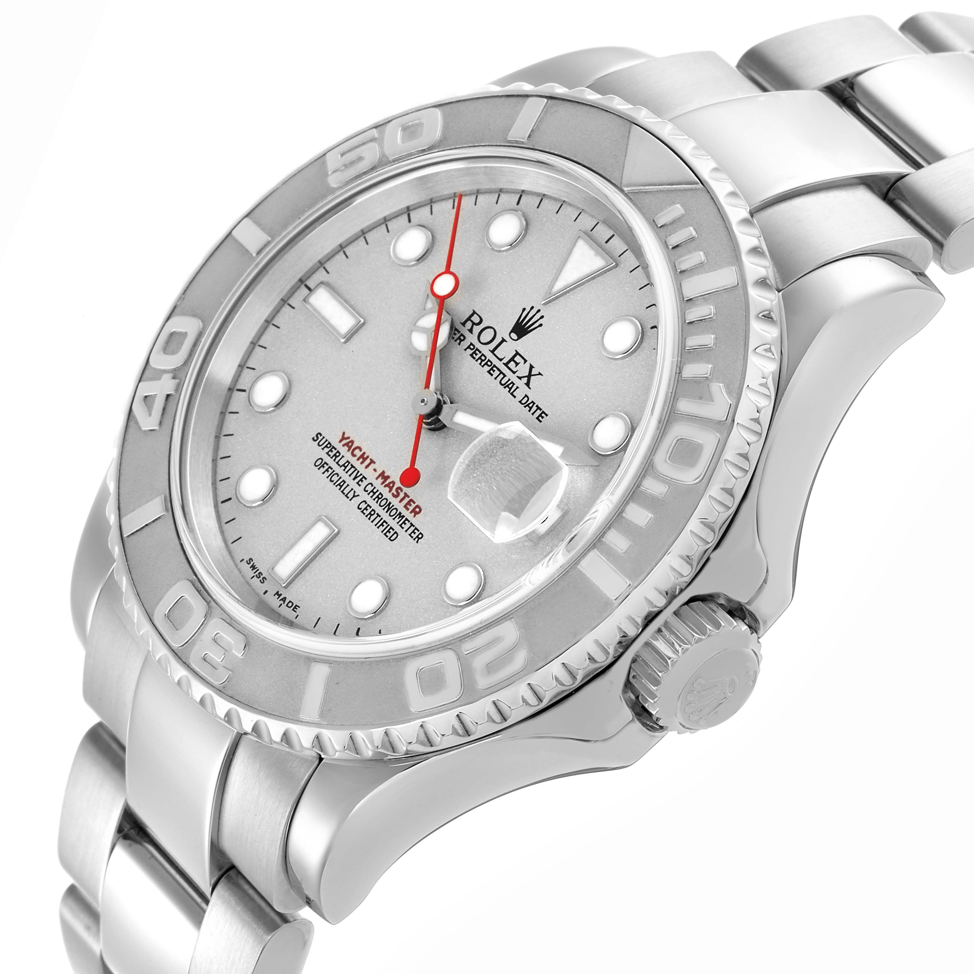 The Rolex Yacht-Master 16622 Men's Stainless Steel Silver Dial 16622 Men's Stainless Steel Silver Dial watch is shown at an angled view, highlighting the bezel, dial, and part of the bracelet.