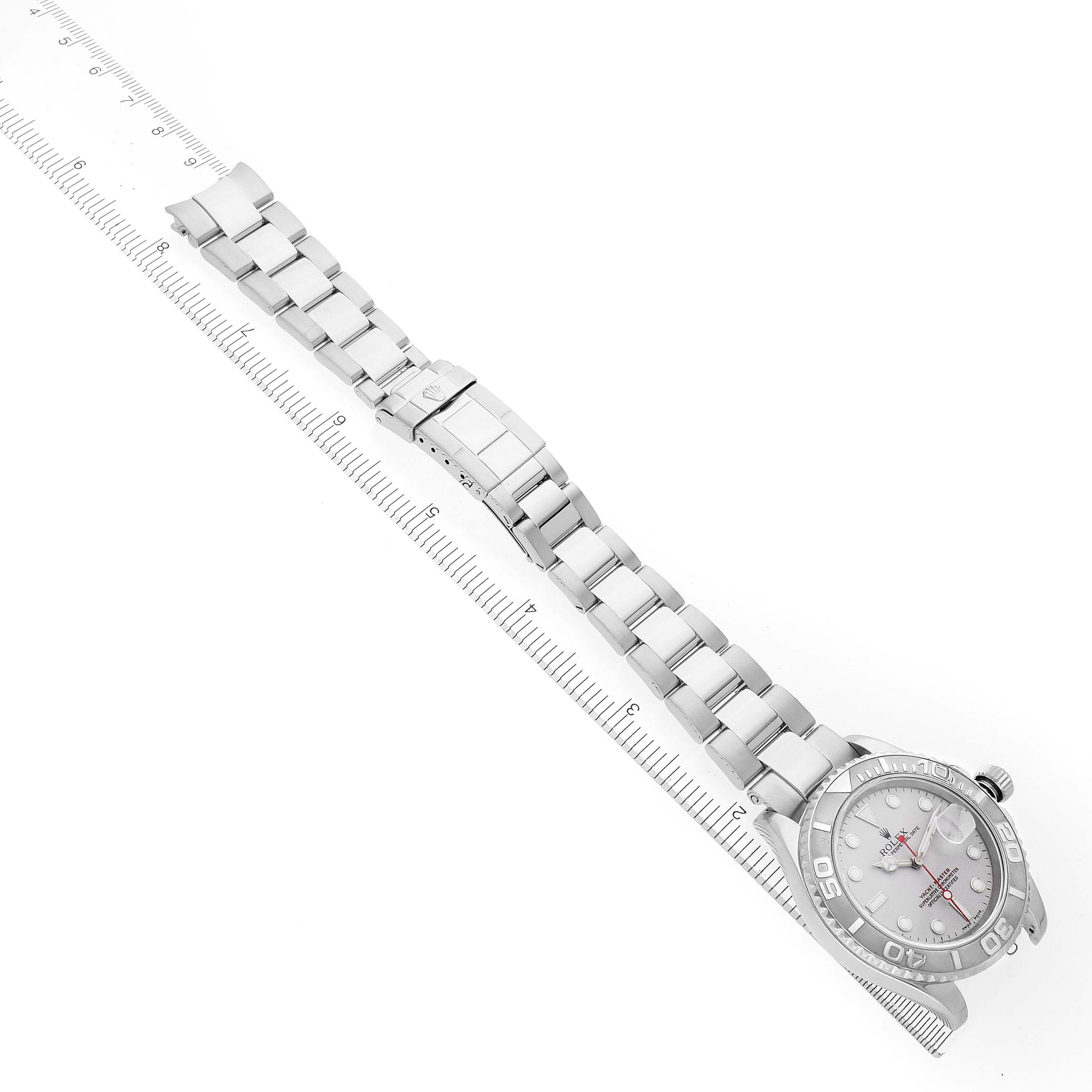 The Rolex Yacht-Master 16622 Men's Stainless Steel Silver Dial 16622 Men's Stainless Steel Silver Dial watch is shown at a diagonal angle, highlighting the bracelet and clasp.