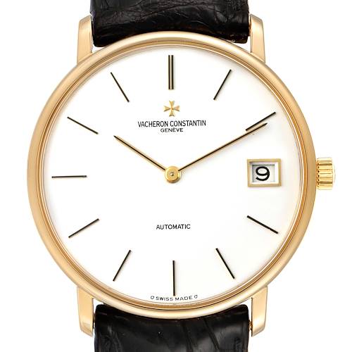 This image shows a Vacheron Constantin Patrimony 44001/3 Men's Yellow Gold White Dial 44001/3 Men's Yellow Gold White Dial watch from a top-down angle, displaying the dial, hands, date window, and strap.