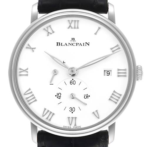 The Blancpain Villeret 6606-1127-55B Men's Stainless Steel White Dial 6606-1127-55B Men's Stainless Steel White Dial watch is shown from a front angle highlighting its dial, hands, Roman numerals, and date window.