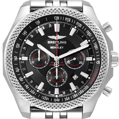 This image shows a front view of the Breitling Bentley A25368B11SP Men's Stainless Steel Black Dial A25368B11SP Men's Stainless Steel Black Dial watch, highlighting the watch face, bezel, and metal bracelet.