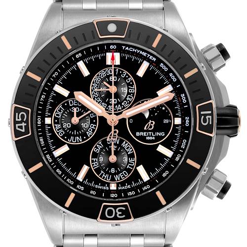 The Breitling Chronomat I19320 Men's Stainless Steel Black Dial I19320 Men's Stainless Steel Black Dial watch is shown from a front angle, highlighting its face, bezel, and subdials.