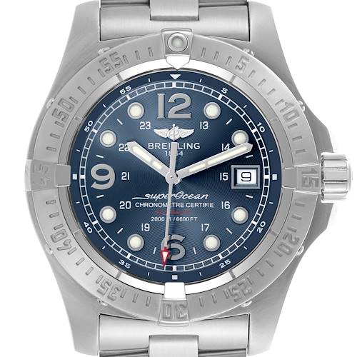 The Breitling Superocean A1739010/C666 Men's Stainless Steel Blue Dial A1739010/C666 Men's Stainless Steel Blue Dial watch is shown from a front angle, highlighting its face, bezel, and crown.
