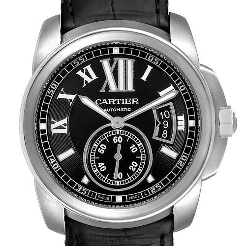 The image shows a front view of the Calibre de Cartier watch by Cartier, highlighting the dial, hour markers, and crown.