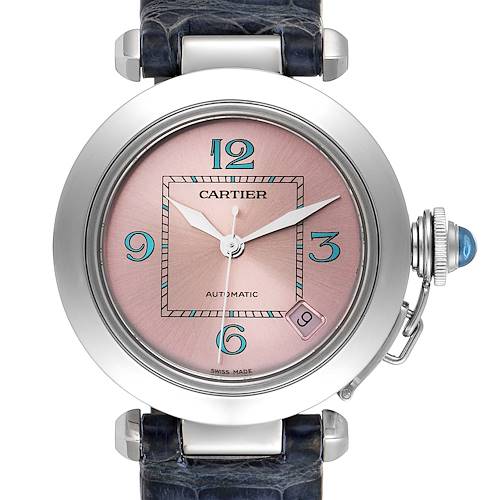 The image shows a front view of the Cartier Pasha W3108199 Women's Stainless Steel Pink Dial W3108199 Women's Stainless Steel Pink Dial model watch, highlighting the face, bezel, lugs, crown, and strap attachment.