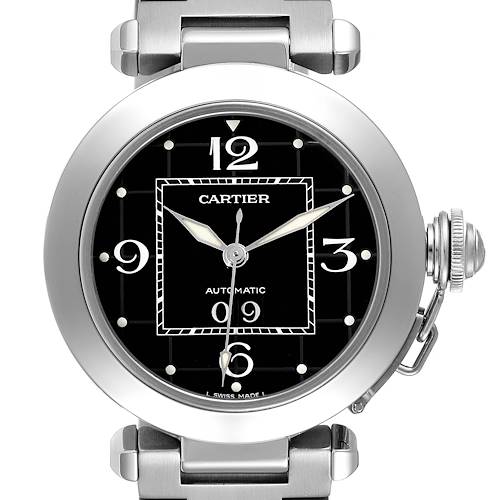 The image shows a frontal view of a Cartier Pasha W31053M7 Men's Stainless Steel Black Dial W31053M7 Men's Stainless Steel Black Dial model watch, displaying the dial, hands, and part of the bracelet.