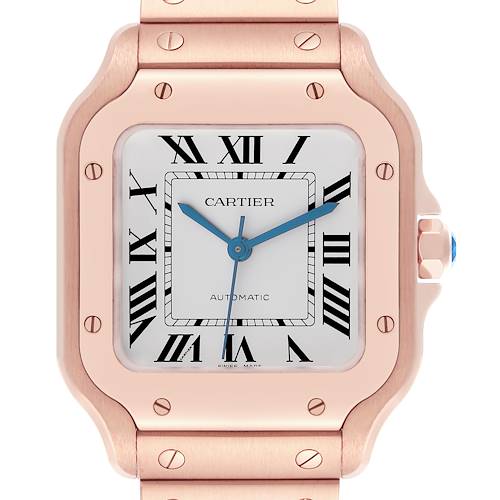 The image shows a close-up, frontal view of the Cartier Santos WGSA0031 Men's Rose Gold Silver Dial WGSA0031 Men's Rose Gold Silver Dial watch, highlighting its face, bezel, and part of the strap.
